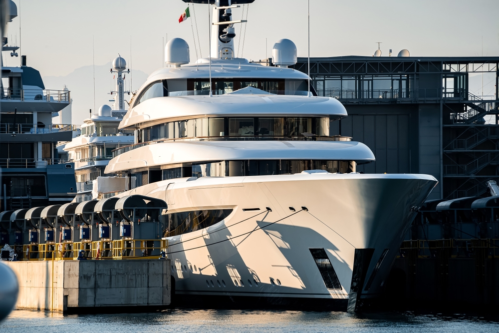 Large,Megayacht,Or,Superyacht,In,Large,Shipyard,Located,In,Genova,