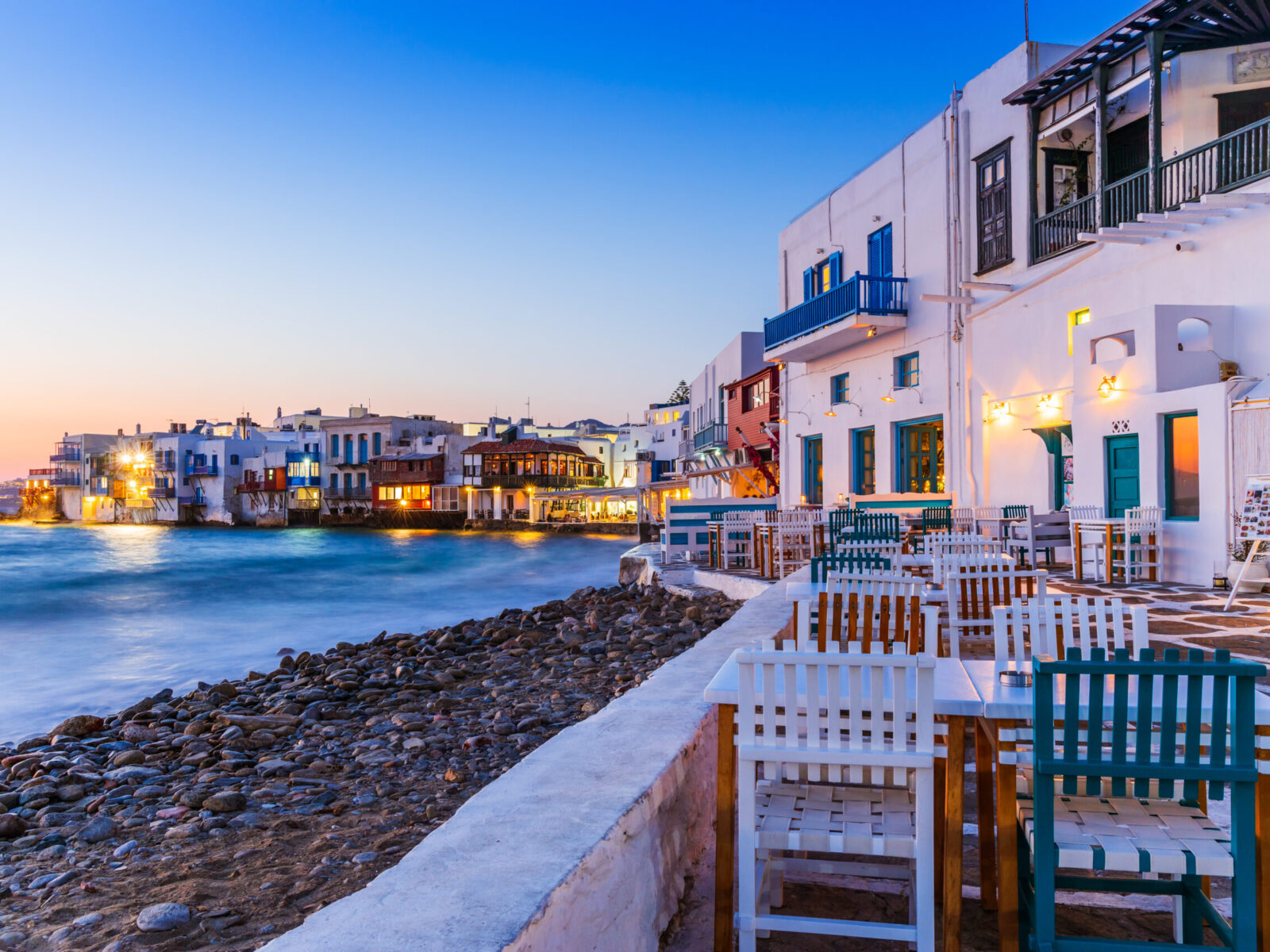 Mykonos,,Greece.,Waterfront,In,Little,Venice,,Mykonos,At,Sunrise.