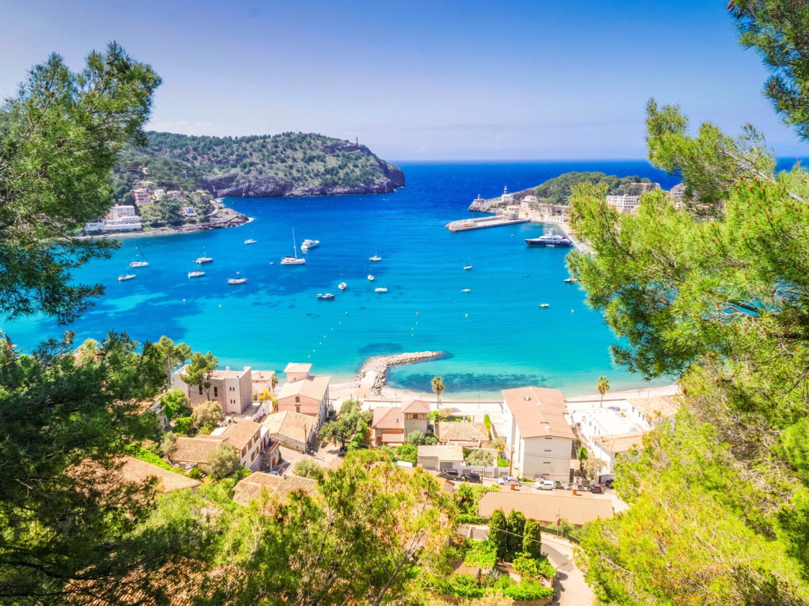 View,Of,Port,Soller,Harbour,With,House,Roofs,,Mallorca,At