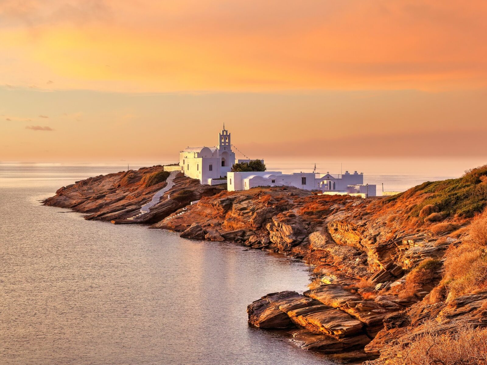 The,Monastery,Of,Chrissopigi,Of,Sifnos,Island,At,Sunrise,,Greece