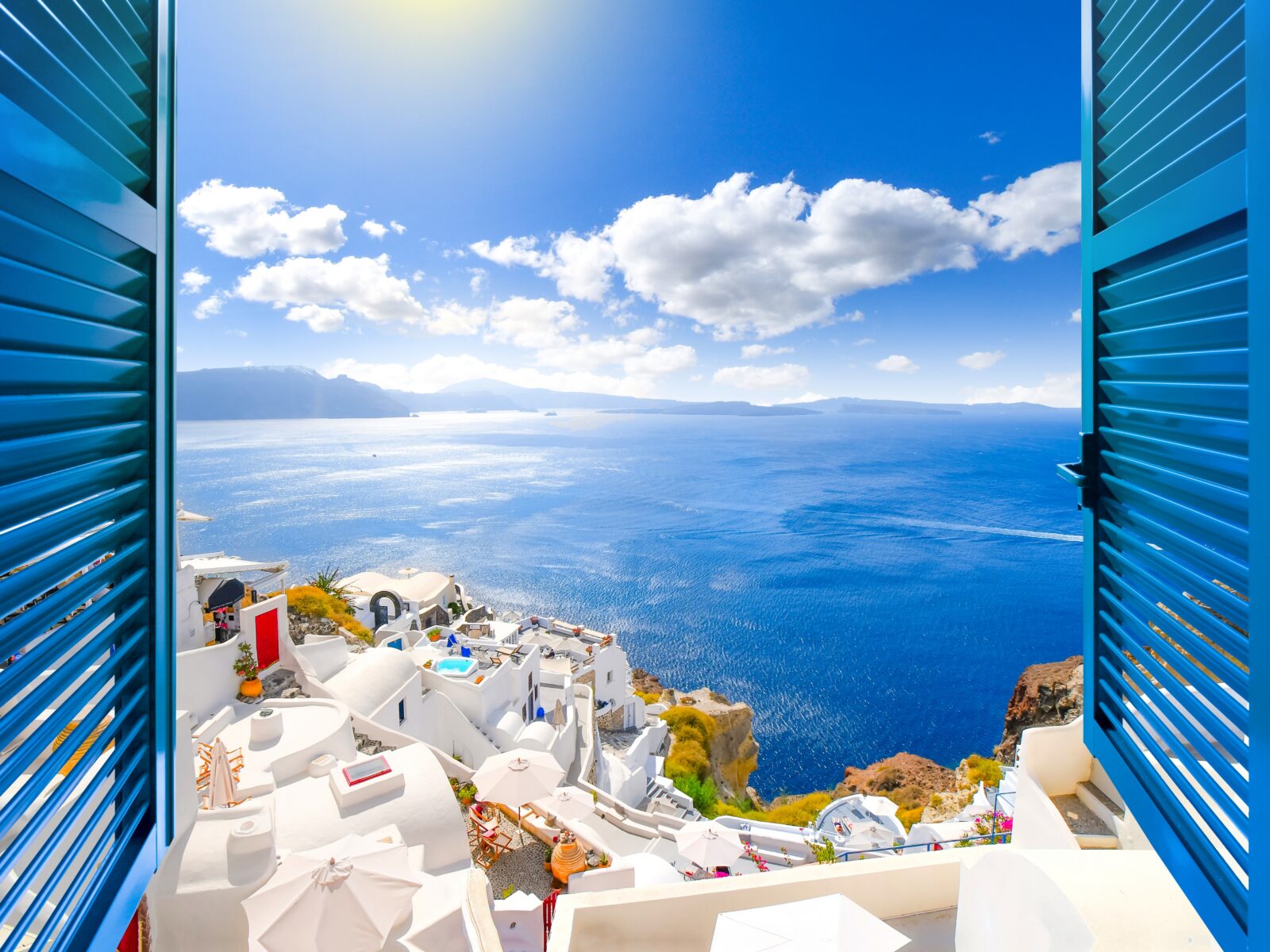 Hillside,View,Through,An,Open,Window,With,Blue,Shutters,Of