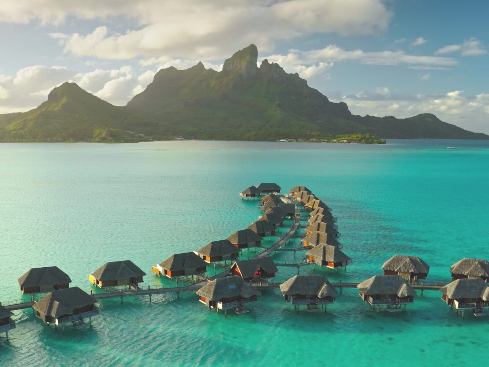 Aerial,View,Of,Amazing,Overwater,Bungalows,In,Bora,Bora,,With