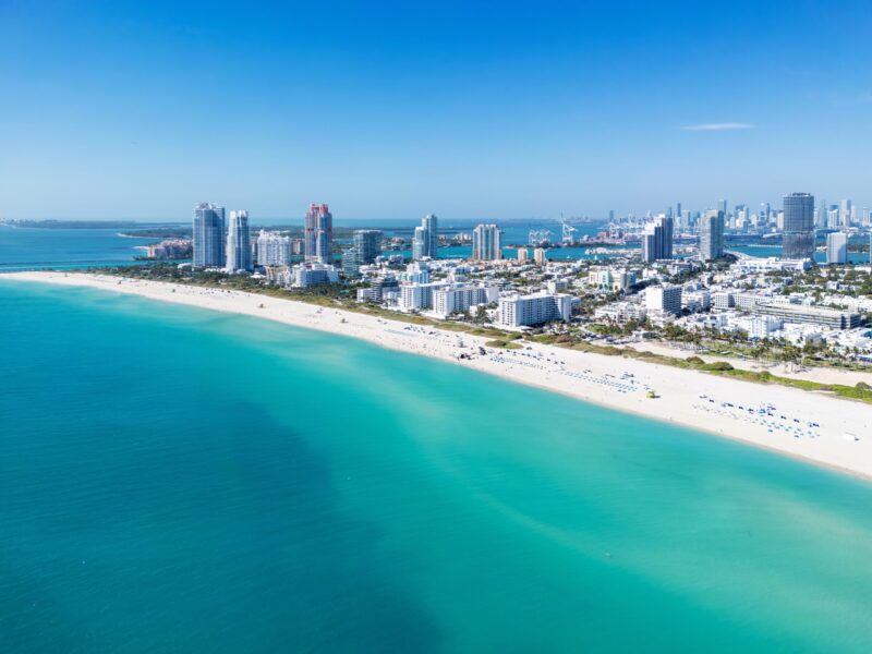 Miami,Beach,On,Blue,Sky.,Skyline,Aerial,View.,Miami,City.