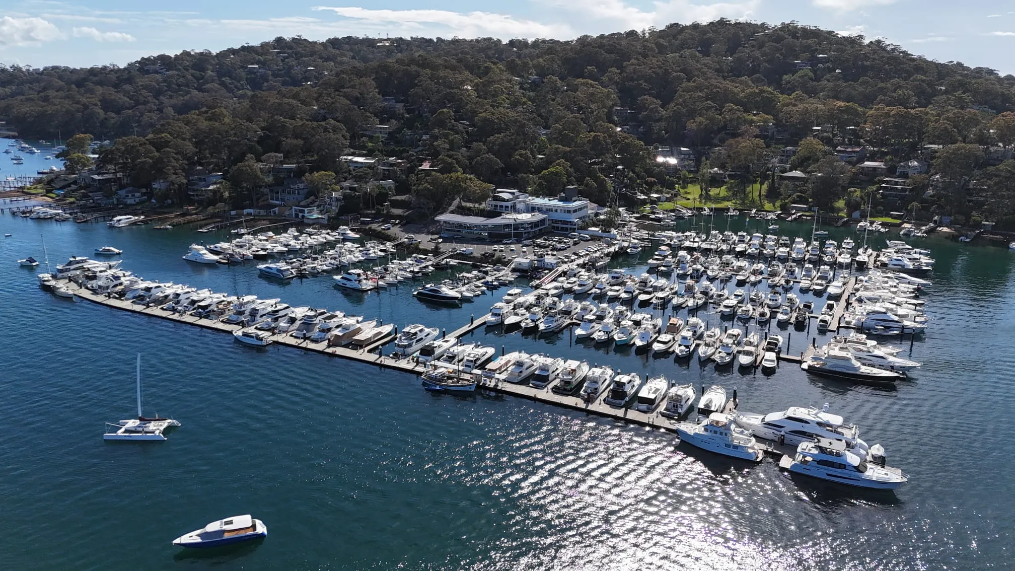 Aerial view of the Royal Motor Yacht Club, Newport, on Pittwater
